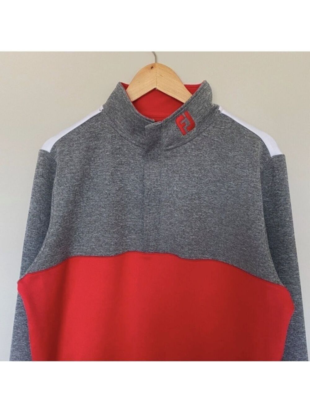 FootJoy 1/4 Zip Hidden Placket Mens M Pullover Top Long Sleeve Red/Gray/White